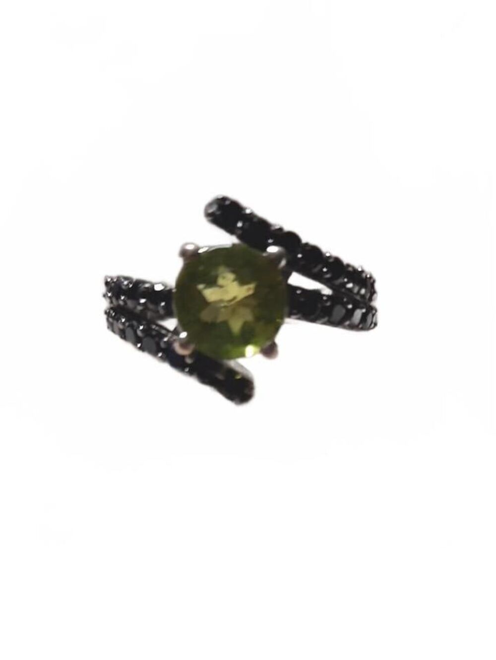 Peridot black spinel ring in sterling silver bypass design size 6
